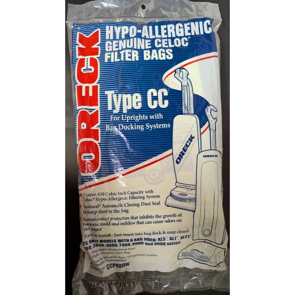 Oreck CCPK8DW Vacuum Cleaner Celoc Hypoallergenic Filter System Bags Pack Of 8